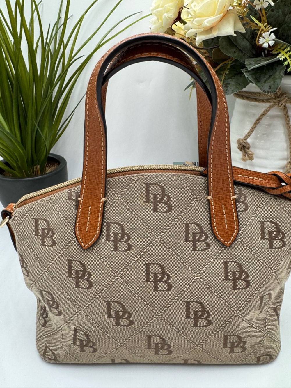 Dooney & Bourke Gretta Domed Satchel | Signature Monogram Handbag | Tan/Brown - Picture 2 of 10